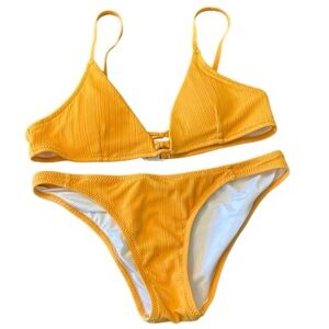 Marigold Yellow Ribbed Triangle Bikini Set Center Ladder Detail Cheeky Small